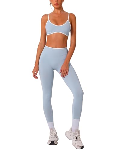 ABOCIW Womens Workout Sets 2 Piece Seamless Color Block Sports Bra Scrunch Butt Lifting High Waist Leggings Gym Set Yoga Pilates Outfits Athletic Work Out Clothes Blue Small