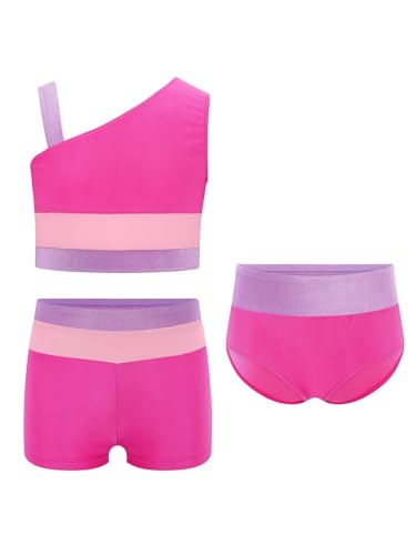 Mufeng Kids Girls 3Piece Sports Set Color Block Crop Top Shorts Briefs Set for Yoga Gymnastics Dance