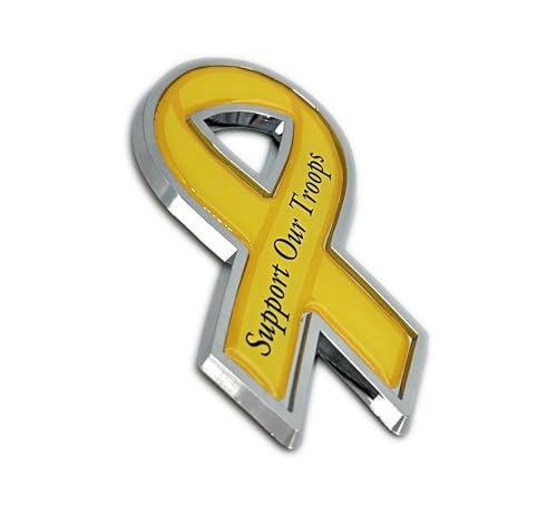 Image of Elektroplate Support Our Troops Yellow Ribbon OEM Chrome Emblem for Cars, Trucks, and All Auto | Universal Fit at 3.25 inch x 1.5 inch | Weatherproof