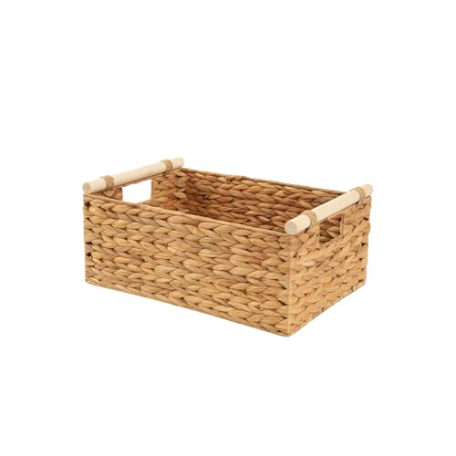 Woven Storage Basket, Small Wicker Organizer, 11.6×8.1×4.9 | 11.6×8.1×4.9″ small natural woven basket with handles; compact wicker organizer for shelves, pantry, bathroom and gifting.