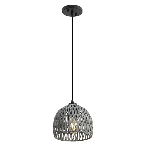 Image of JONATHAN Y 8.25 inch Gray Modern Bohemian Woven Rope LED Pendant Light Fixture, Adjustable Dome Ceiling Lamp for Kitchen Island, Rope Shade, Coastal Farmhouse Decor (JYL6512D)