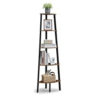 VASAGLE Corner Bookcase 5 Tier Shelf Ladder Shelf Storage Unit Plant Holder for Living Room Industrial Style with Steel Frame, Rustic Brown and Black LLS35X