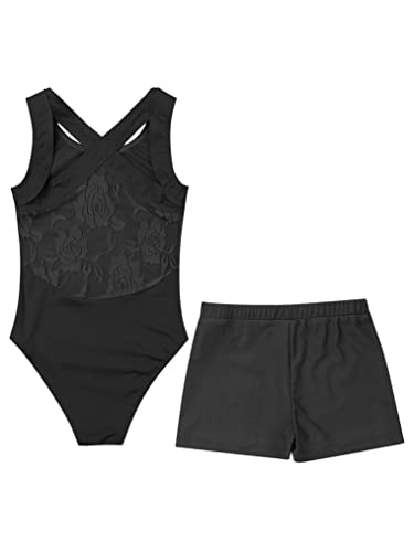 Yeahdor Kids Girls Floral Lace Cutout Back Ballet Dance Gymnastics Leotard and Stretch Short Set Ice Skating Dancewear4