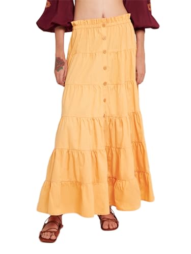 Women Summer Tiered Button Maxi Skirt Elastic High Waist A Line Boho Beach Dress Flowy Swing Long Skirts