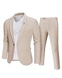 MrSure Mens 2 Piece Regular Fit Linen Suit, Casual Blazer Pants Set, Lightweight Jacket Trouser for Wedding Prom Khaki Large