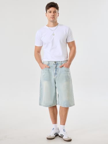 Image of PLEPAN Mens Super Baggy Jean Shorts 12 inch Vintage Loose Fit Wide Leg Long Jorts Y2K Streetwear Below Knee Denim Shorts