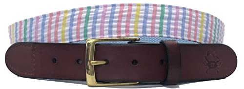 Mens Seersucker Leather Belt, Pastel Seersucker with Leather Tab and Brass Buckle, Seersucker Stripes Leather Belt