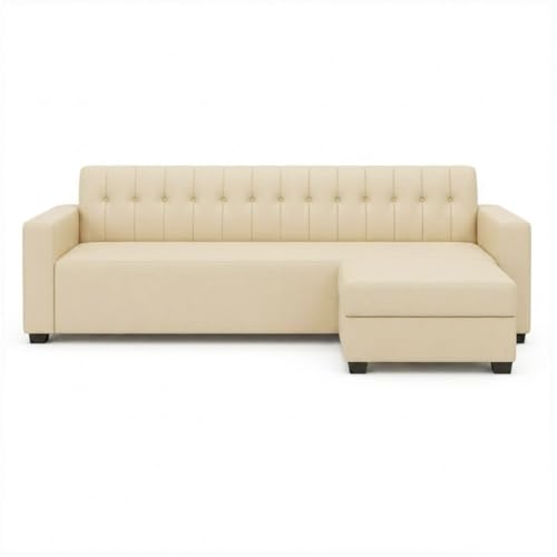 Image of FURNY Luxe 4 Seater L Shape Sofa Set with Movable Ottoman | Flexible Left or Right Layout | Premium Leatherette Upholstery (Cream) | Perfect for Living Room, Guest Room & Office