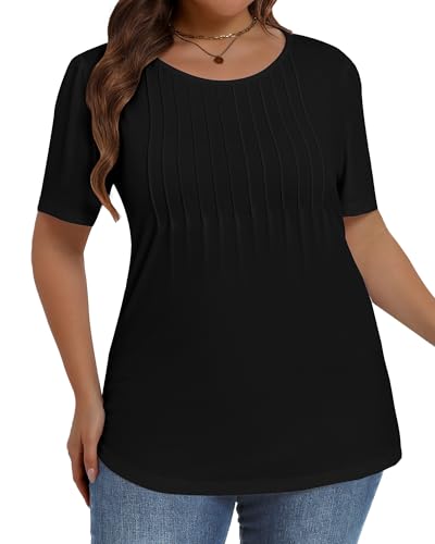 Image of Plus Size Tops for Women Pleated Summer Top Trendy Short Sleeve Shirts Casual Basic Tee Crew Neck Blouses 2026