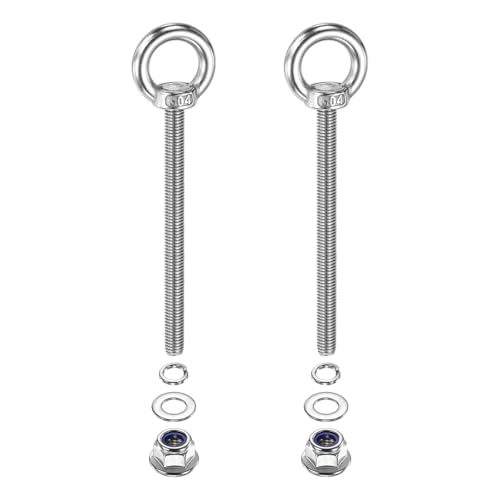 Image of PATIKIL M8 x 100mm Shoulder Eye Bolt, 2 Pcs 304 Stainless Steel Lifting Ring Threaded Eye Bolt with Flange Lock Nuts Spring and Flat Washers for Hanging Tie Down Straps Outdoor Indoor