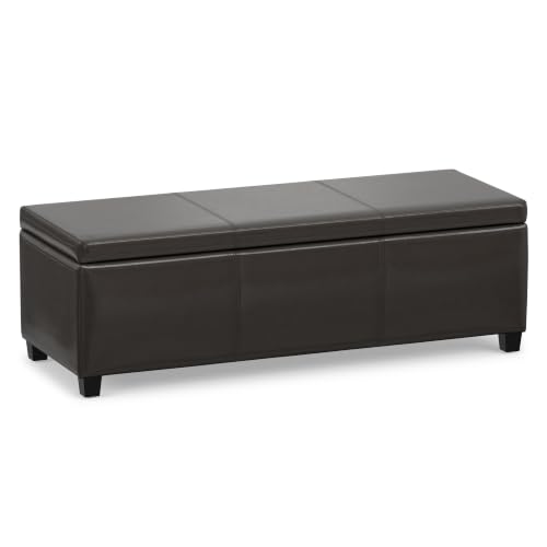 Image of SIMPLIHOME Avalon 48 inch Wide Vegan Leather Storage Ottoman in Tanners Brown