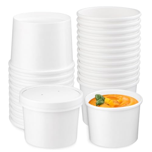Image of 12 oz 25 Pack Paper Soup Cups with Lids, Disposable Paper Soup Bowls | Ice Cream Containers, White Disposable Food Containers White for Hot or Cold Soup