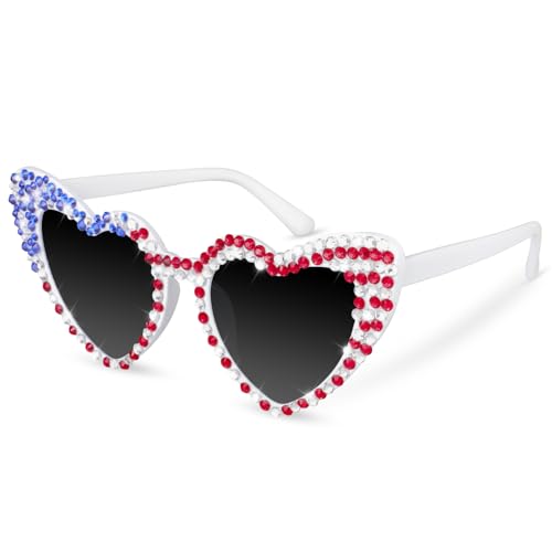 4th of July Sunglasses, Red White and Blue Heart Shaped Glasses with Rhinestone Patriotic Decorations Forth of July Party Accessories for Men Women Children
