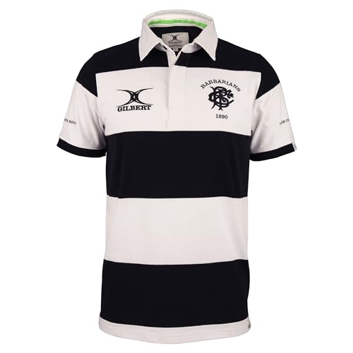 Gilbert- Polo Barbarians Rugby, Manga Corta, Negro y Blanco, Talla L
