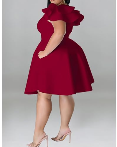 Image of IyMoo Women's Plus Size Cape Flutter Sleeve Stretchy A Line Swing Flared Skater Cocktail Party Dress with Pockets