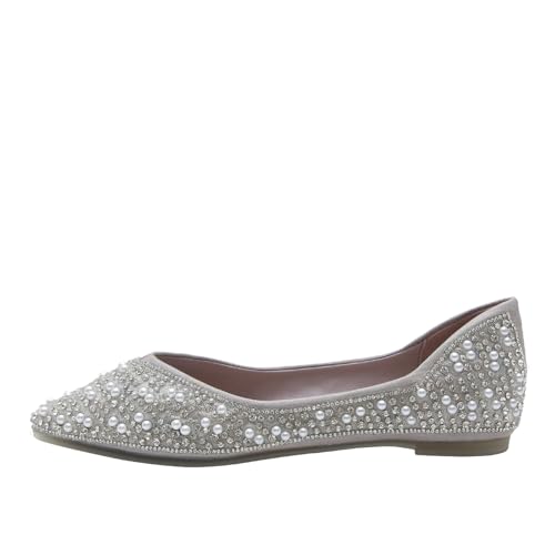 HIPPOSEUS Women's Sparkly Rhinestone Ballet Flats Pointed Toe Flats Shoes Pearl Dress Wedding Flats