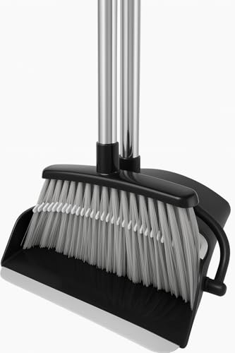 BH | Broom and Dustpan and Brush Set | Long Handled with Comb Teeth | Upright Sweeping | Combo for Home Kitchen Room Office Lobby Floor (Grey and Black) - By BEST HOUSE