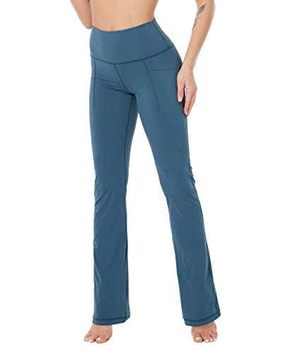 Bootcut Yoga Pants for Women with Pockets,High Waist Tummy Control Sleek-Fit Compression Spandex/Nylon 4 Way Stretch Non See Through Long Bootleg Flare Wide Pants Dress Work Workout Blue Large