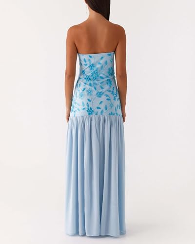 Image of Women Floral Strapless Maxi Dress Y2K Bodycon Tube Long Dresses Sexy Party Formal Cocktail Beach Slit Dress