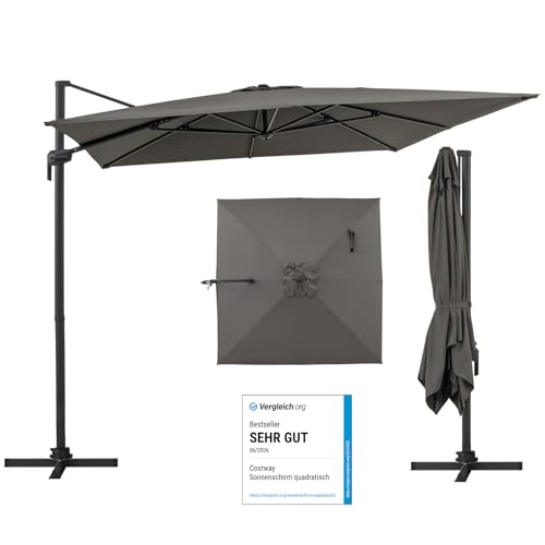 COSTWAY Sonnenschirm 300 x 300 cm Alu Ampelschirm mit Kurbel Gartenschirm neigbar 360 drehbar großer Terrassenschirm quadratischer Marktschirm für Garten Terrasse Anthrazit