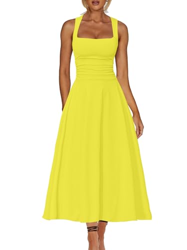 Image of Kaximil Women's Square Neck Corset A Line Maxi Dress Ruffle Ruched Waist Flowy Long Dresses