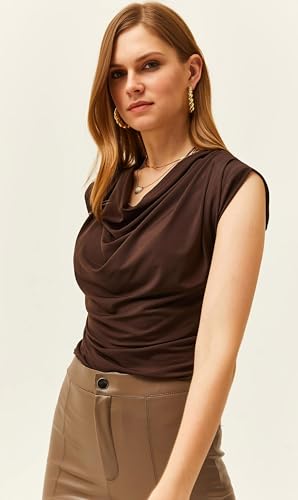 Image of SIGHTBOMB Ultra Soft Afford LUX Edition Draped Cowl Neck FRONTFLOW Gathered Ruched SOFTLINE Sleeveless TOP for Women