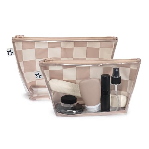 Image of Tiny Twinkle Diaper Bag Organizing Pouches | 2 Pack Mess-Proof Travel Organizer Bags with Structured Bottom & Clear Front | TSA Approved Toiletry Bag Set for Baby and Mom Essentials (Beige Checkers)