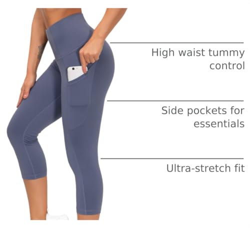 Image of THE GYM PEOPLE Thick High Waist Capris Yoga Pants with Pockets, Tummy Control Workout Running Yoga Leggings for Women