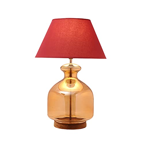 Image of Alper Amber Luster Glass Table Lamp with Maroon Cotton Shade | Modern Designer Bedside & Living Room Decorative Table Light (Bulb Included)