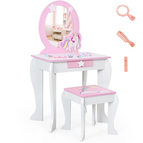 COSTWAY Set Toeletta per Ragazza, Toeletta Trucco per Bambini con Sgabello, Specchio Staccabile e Cassetto, Postazione...