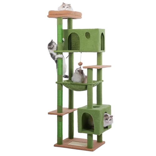 Meowrista 72” Cat Tree for Large Cats Big Cat Tower with Enlarged Hammock 21.6x17.7” Spacious Cats Condo House and Roomy Top Bed and Multiple Scratch Posts for Indoor Adult Cats (Green, XLarge-72)