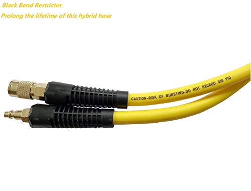 SANFU Hybrid PVC/Rubber Lead-in Air Hose 3/8”ID x 10ft, 300PSI Durable, Lightweight, with 1/4” Immovable Industrial Quick Brass Coupler and Plug, Bend Restrictors, Yellow(10\')