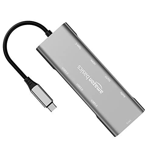 Image of Amazon Basics USB-C Hub Dock 9-in-1 Aluminium Type-C Adapter with 4K HDMI, Ethernet 1000mbps Port, 3 USB 3.0, USB-C Power Delivery, 3.5mm Audio only, TF /SD Card Reader, Mac & Windows USB-C Devices