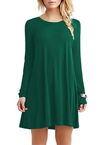 OMZIN Damen Herbst Kleid Tunika Swing Langarmkleid Swing Kleid Einfarbig Freizeitkleid Grün 4XL