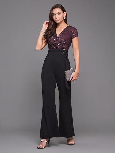 Image of Miss Chase Women's Halter Neck Sleeveless Solid Wide Leg Sequin Paneled Regular Length Jumpsuit