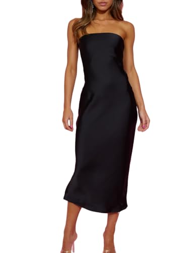 Summer Satin Strapless Backless Wedding Guest Midi Dress for Women Elegant Tube Top Sleeveless Tie Back Maxi Dresses