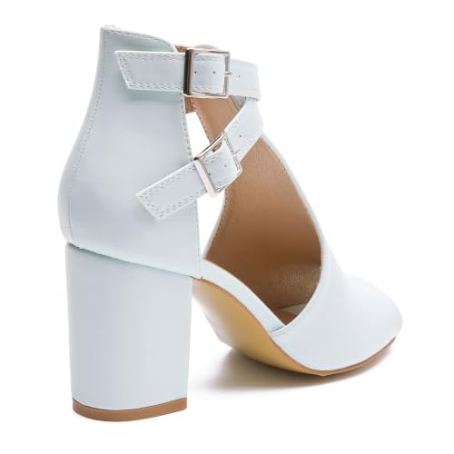 Image of Women's Peep Toe Sandals Side Cutout Chunky high Heel Adjustable Buckle | Summer booties, dressy, breathable, stacked, wide footbed, non-slip, ankle strap, all-day comfort, for parties, casual, work