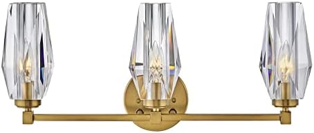 Hinkley 52483HB Ana Three Light Bath Vanity Fixture, Modern Glam Style, Faceted Heavy-Cut Diamond-Shaped Crystal Shade, in Heritage Brass