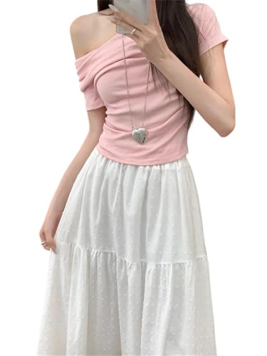 Women Solid Dot Textured Midi Skirt Elastic Waist Lace Spliced Skirts Boho Embroidery Pleated Skirts4