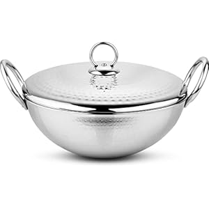 Prabha Stainless Steel Heavy Gauge Hammered Finish Kadhai, Kadai with Lid, Capacity 3.4 L, Size 280 MM, Compatible with Gas Stove