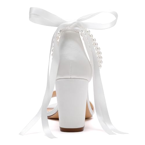 Image of Women's Open Toe Pearl Wedding Shoes for Bride High Heels Sandals Satin Bridal Block Chunky Heels Ankle Strap Prom Evening Party Pumps