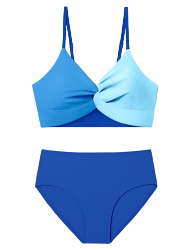 Girls Swimsuit Bathing Suit Color Block Twist Adjustable Double Shoulder Straps Bikini Girls 2 Piece Set