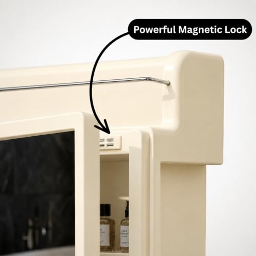 Image of BRANCO Bathroom Cabinet with Mirror | Storage Organiser | Strong Plastic Bathroom Shelves Wall Mounted | Mirror Cabinet (Ivory)