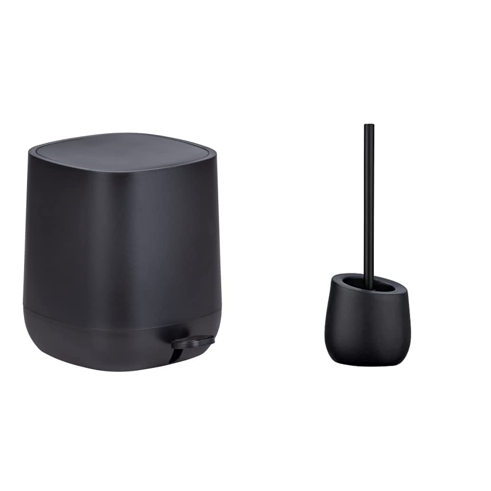WENKO Treteimer Davos, 5 Liter, puristischer Kosmetikeimer mit Easy-Close Absenkautomatik, 23,5 x 26 x 27,5 cm, Schwarz matt & WC-Garnitur Badi Schwarz, hochwertige Keramik mit Matter Oberfläche