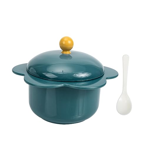 Garneck Floral Pattern Large Capacity Soup Bowl Lidded Rice Bowl Handle Stainless Steel Easy to Clean for Kitchen