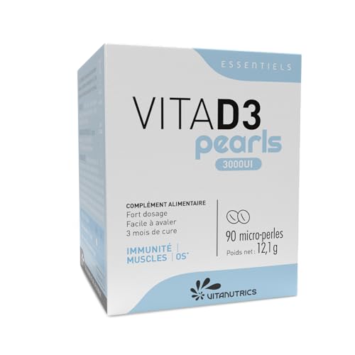 Vitanutrics VITAD3 PEARLS 3000 UI – Vitamina D3 – Inmunidad, Músculos, Huesos – Fórmula altamente concentrada, 100% de origen natural, 90 microperlas, fáciles de tragar