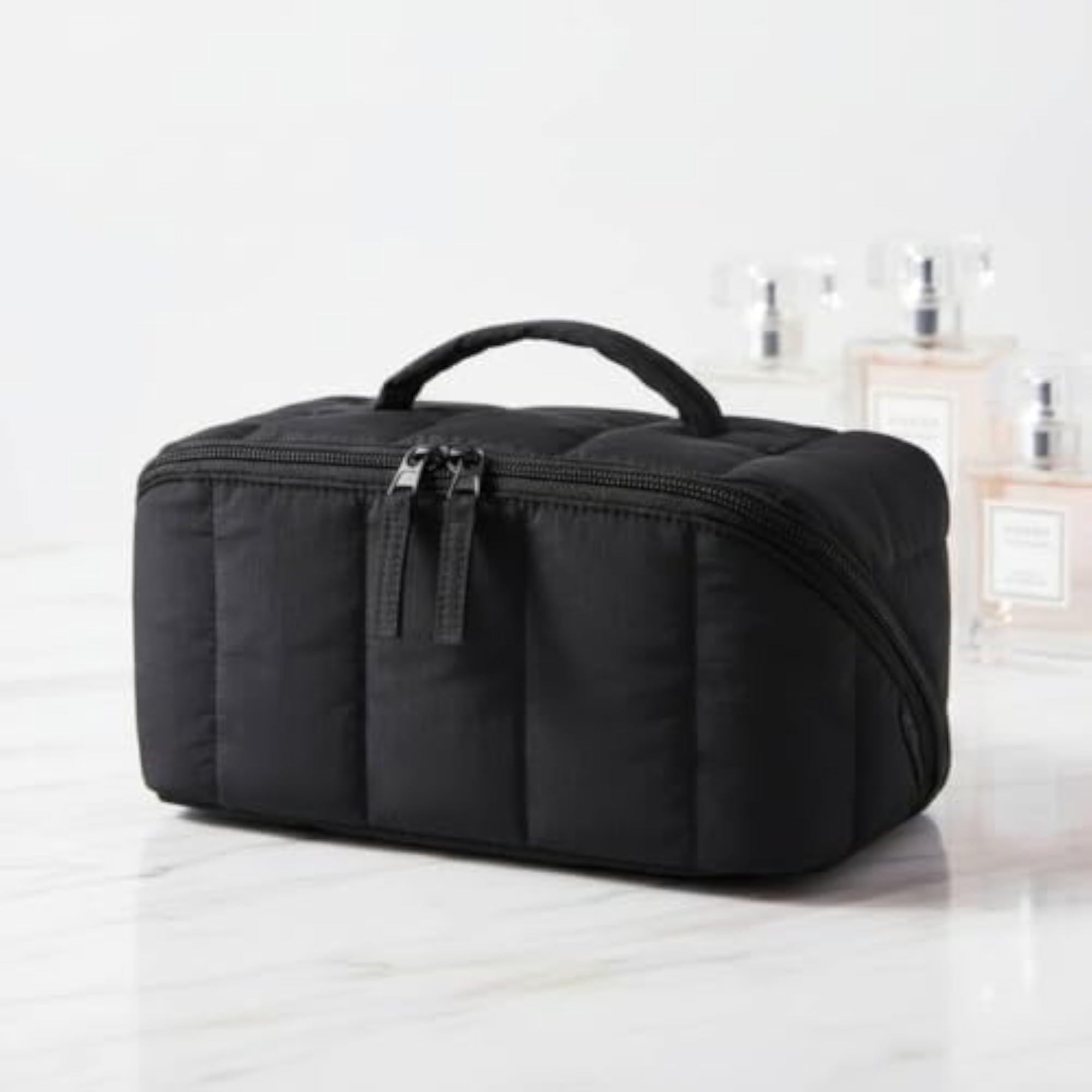Divided Interior Padded Quilted Cosmetic Bag, Black