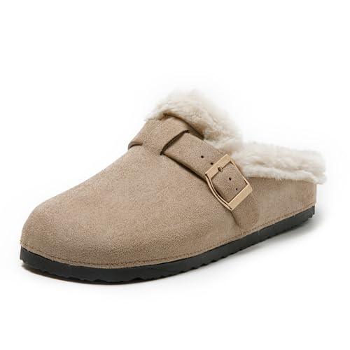 JOMIX Zapatillas Casa Mujer Invierno Zuecos Forrados Peluche Cálidas en Gamuza Siintética Clogs Hebilla Ajustable Pantuflas Suela Antideslizante Mules Cómodos para Interior MCT255274 Beige 41