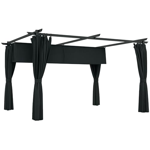 Outsunny Pérgola de Aluminio con Techo Retráctil Pérgola 4x3 m con Paredes Laterales Cenador con Tela de Poliéster Anti-UV Resistente al Agua Pabellón para Jardín Patio Terraza Gris Oscuro