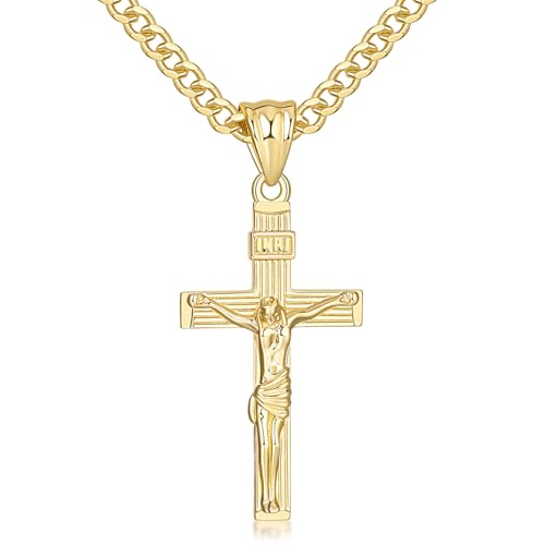 Gold Cross Necklace for Men 14K Gold Cross Necklace for Men Crosses Chain Necklaces for Mens Paired with 4.3mm Cuban Chain Crucifix Pendant Mens Crosses Necklaces 20/22/24in